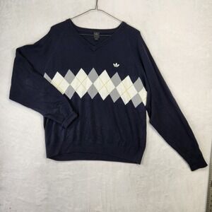 Vintage Adidas Argyle Knit Sweater Mens XL Navy Blue V-Neck Trefoil 80s 90s